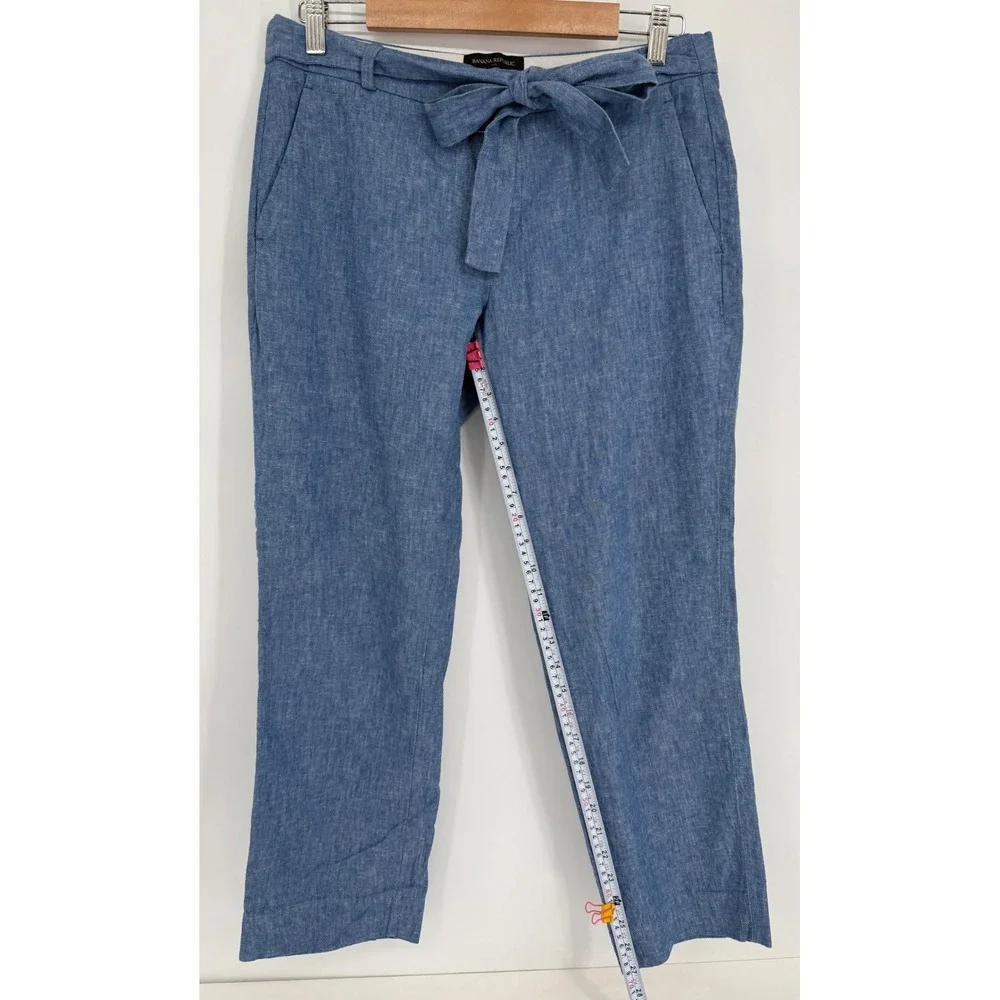 Banana Republic Avery Blue Linen Cotton Blend Cropped Tie Waist Pants Womens 6